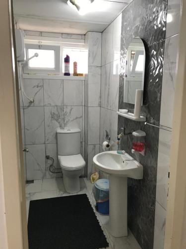 een badkamer met een toilet, een wastafel en een spiegel bij SEYRİ DENİZ VİLLA Villa with sea view in Trabzon