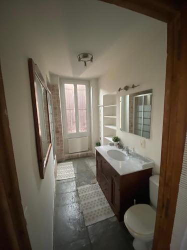 a bathroom with a sink and a toilet and a window at Aux pieds tanques in Barbentane