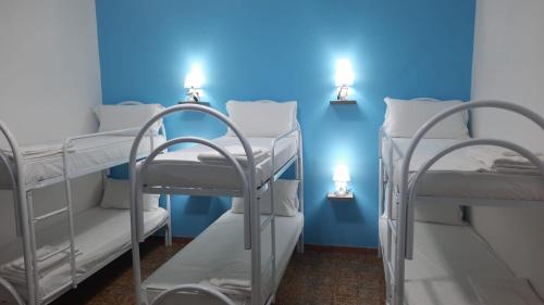 Cette chambre dispose de 2 lits superposés et d'un mur bleu. dans l'établissement First Hostel Tropea, à Tropea