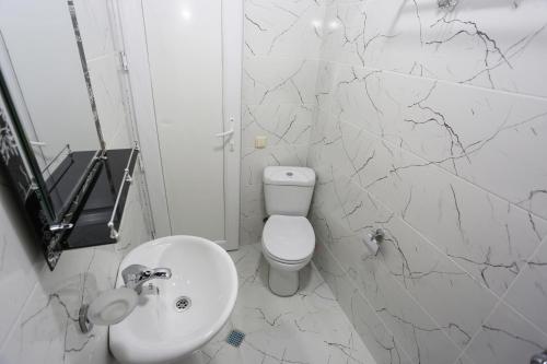 une salle de bain avec des toilettes blanches et un lavabo dans l'établissement Avangard, à Batoumi