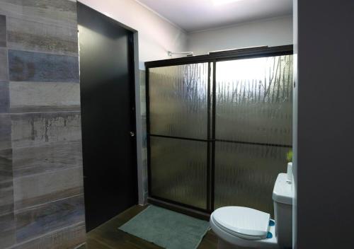 baño con aseo y puerta de ducha de cristal en Casa Anajade, en Vara Blanca
