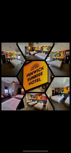 a collage of photos of a hotel room with beds at Fenwick Sunrise Hotel in Liverpool