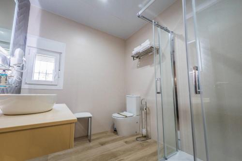 a bathroom with a shower and a sink and a toilet at HOTEL RURAL LA TEJA in Segura de León