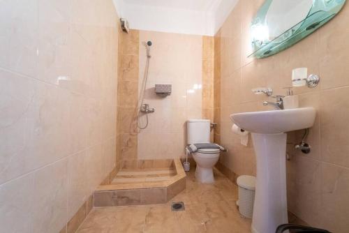 een badkamer met douche, wastafel en toilet bij Cleri's Studio in Néa Péramos