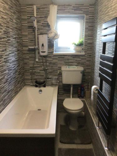 a bathroom with a toilet and a bath tub at City apartment no.8 in Norwich