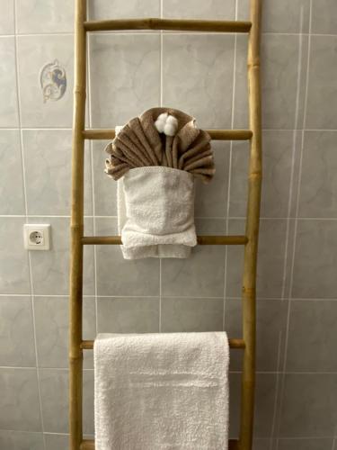 a towel rack with towels on it in a bathroom at Dabia Apartments in Mirina