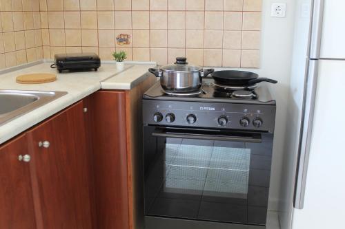 a kitchen with a stove with two pots and pans on it at Dabia Apartments in Mirina