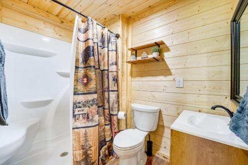 a bathroom with a toilet and a sink and a shower at Charming Cabin Near Roaring River State Park! in Cassville