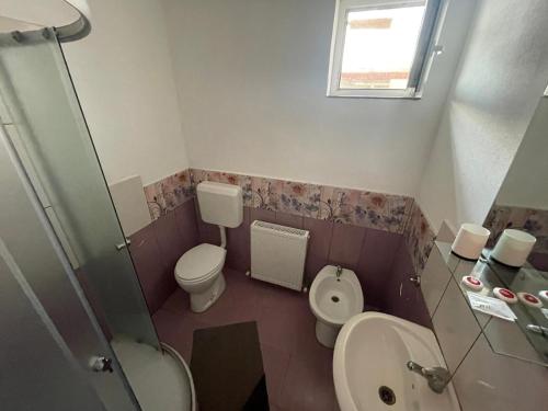 a bathroom with a toilet and a sink and a shower at Pensiunea Mario in Curtici