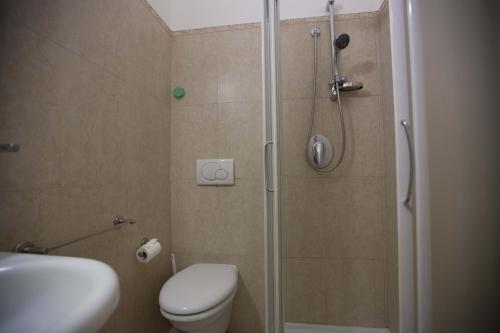 ein Bad mit einer Dusche, einem WC und einem Waschbecken in der Unterkunft Hotel Confort in Rimini
