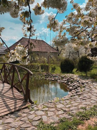 a bridge over a pond with a stone path and a house at Вілла де Кампо in Chynadiyovo