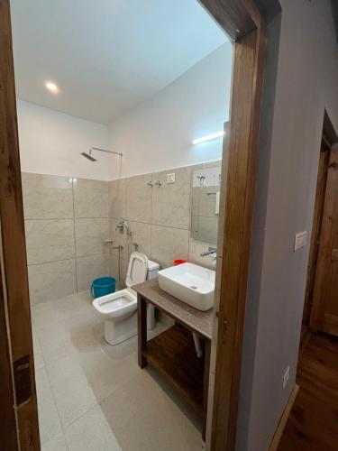 a bathroom with a sink and a toilet at Honey Bee in Leh