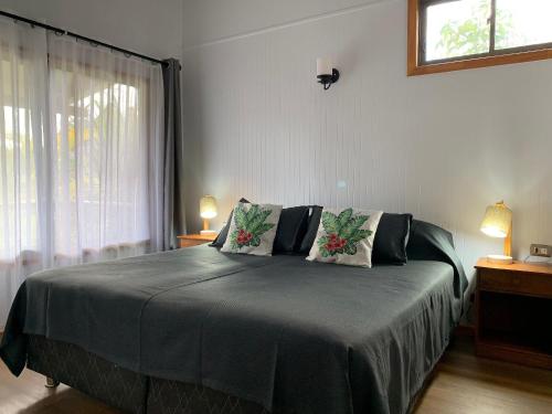 a bedroom with a bed with two pillows and a window at Cabañas Raupa in Hanga Roa