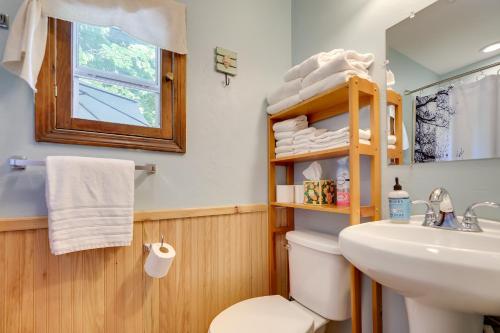 y baño con aseo, lavabo y espejo. en Charlevoix Cabin with Patio and Grill - Steps to Lake! en Charlevoix