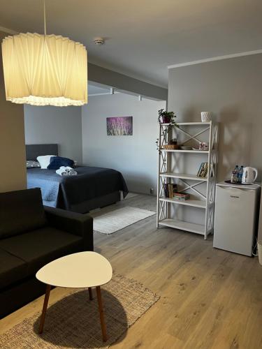 ein Wohnzimmer mit einem Bett, einem Sofa und einem Tisch in der Unterkunft Kati Söögituba & Majutus in Emmaste