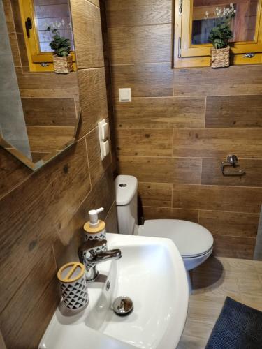 La salle de bains est pourvue d'un lavabo blanc et de toilettes. dans l'établissement Blask Jeziora, à Frydman