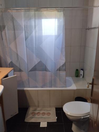 a bathroom with a toilet and a shower curtain at Aggela House in Ávaton