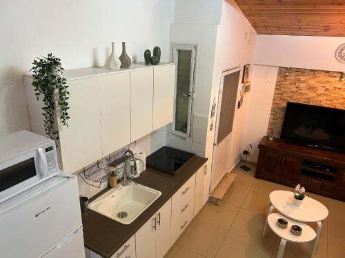 a small kitchen with a sink and a microwave at ״יעד״ יחידת דיור כפרית in Acre