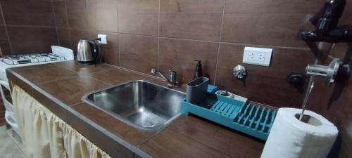Temporario Jujuy Campo في Lozano: حوض المطبخ مع رف لتجفيف الأطباق بجواره