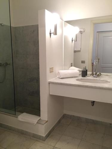 a bathroom with a sink and a shower at Ville Lago Lugano in Porto Ceresio