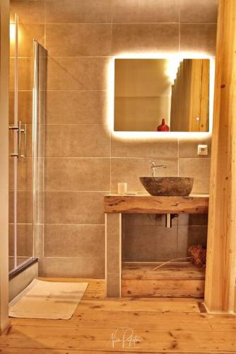 une salle de bain avec un lavabo et une douche avec un miroir dans l'établissement La Maison 1717, à Birkenwald