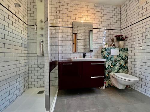 une salle de bain avec un lavabo, des toilettes et un miroir dans l'établissement Villa / Maison indépendante 150m de la plage avec jacuzzi et piscine chauffée à Saint Cyprien plage, à Saint-Cyprien