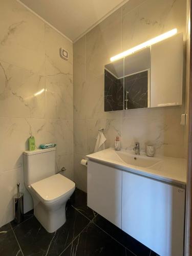 a white bathroom with a toilet and a sink at ALLAGIANNIS GROUP APARTMENTS in Markopoulo