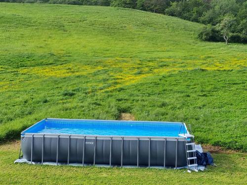 a swimming pool in the middle of a field at Château de Paraize in Livry