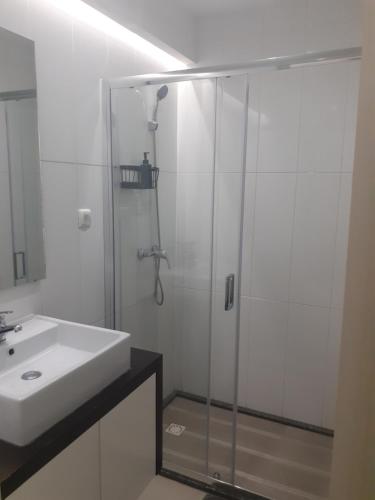 uma casa de banho com uma cabina de duche em vidro e um lavatório. em Apto T1 Comfort em Praia