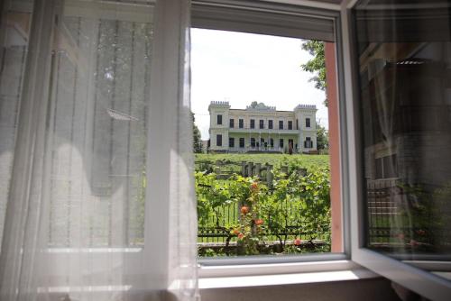 a window with a view of a large house at Soho in Vrnjačka Banja