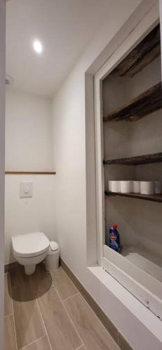 uma casa de banho branca com um WC e uma janela em Maison familiale pour 4 pers. em Ersa