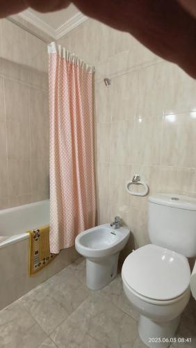 a bathroom with a toilet and a shower curtain at Chalet playa in Benicarló