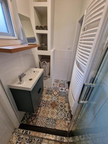 een kleine badkamer met een wastafel en een douche bij Nature & golf Villa in Oosterhout