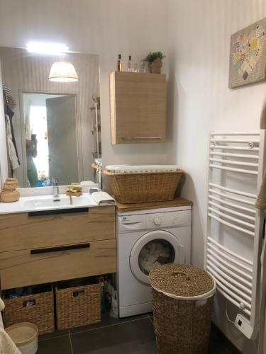 - une buanderie avec un lave-linge et un évier dans l'établissement Appartement Aix en Provence vue Ste Victoire - BATIMENT B11 - 13090 AIX EN PROVENCE, à Aix-en-Provence