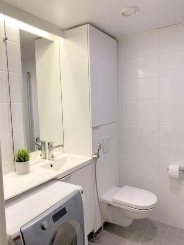La salle de bains blanche est pourvue de toilettes et d'un miroir. dans l'établissement Modern Apartment nearby Kerava, à Kerava
