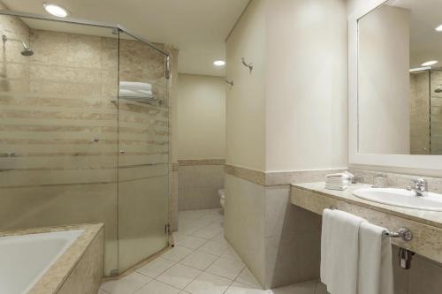 ein Bad mit einer Glasdusche und einem Waschbecken in der Unterkunft Sheraton Asuncion Hotel in Asunción
