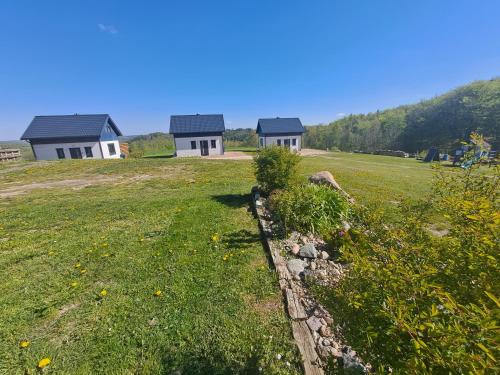 two houses on a hill with a grass field at Jaśkowe Wzgórze domki na wynajem Szymbark, balia, Domek nr 2 i 3 in Szymbark