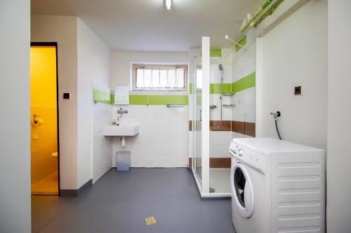 a bathroom with a washing machine and a sink at Chalupa Anežka in Frymburk