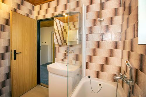 a bathroom with a toilet and a glass shower at Chalupa Anežka in Frymburk