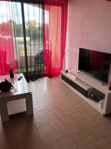 un salon avec une télévision à écran plat sur un mur dans l'établissement location studio 4 pers piscine, au Cap d'Agde