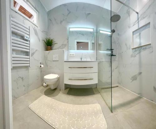 uma casa de banho com um WC e uma cabina de duche em vidro. em Résidence Colombara em Cargèse