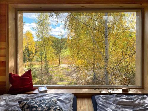 uma janela num quarto com vista para uma floresta em Lunette Lodge am See mit Sauna für 10 Gäste em Brzozie