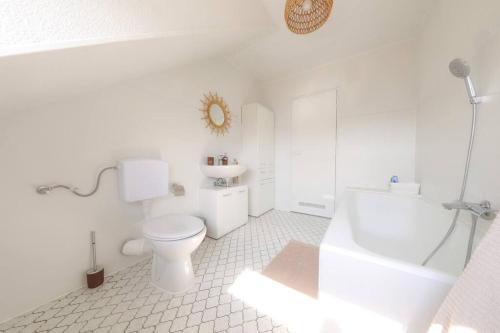een witte badkamer met een toilet en een wastafel bij Neue Wohnung in der Nähe von Trier in Korlingen