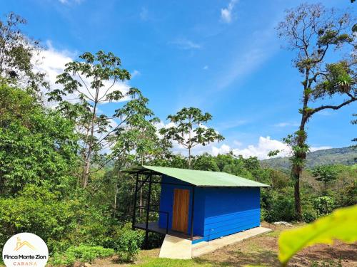 a blue shed with a green roof in a forest at Cabaña Montezion Bijagua in Bijagua