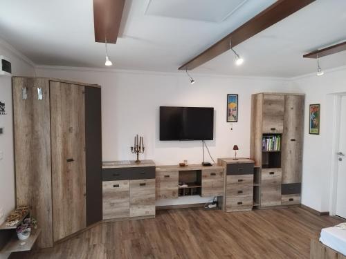 un soggiorno con armadi in legno e TV a schermo piatto di Apartma Salvia-Guest House a Lucija