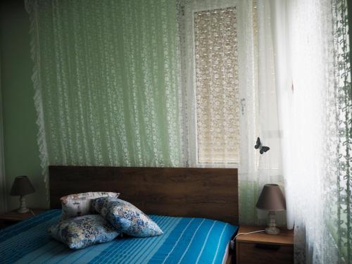 una camera con un letto con due cuscini sopra di Dimitris apartment a PalaiónTsiflíkion