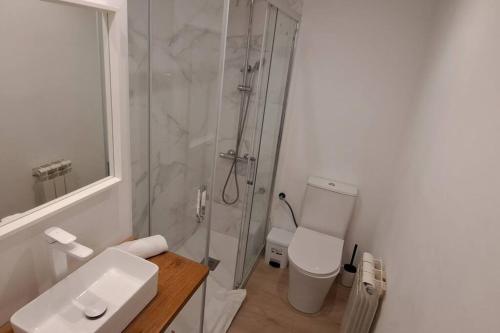 een badkamer met een douche, een toilet en een wastafel bij Apartamentos La Arena Zierbena 201 in Campomar