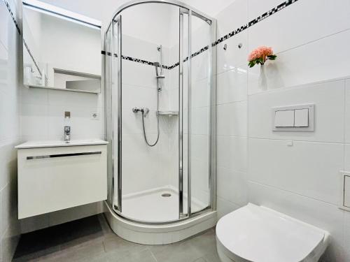 uma casa de banho branca com um chuveiro e um WC. em Cosy & Central - Free Parking - Free Netflix em Viena