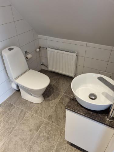 uma casa de banho com um WC branco e um lavatório. em Lägenhet på hästgård em Ljungbyhed