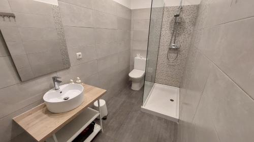 a bathroom with a sink and a shower and a toilet at Memoria 49 in Lisbon
